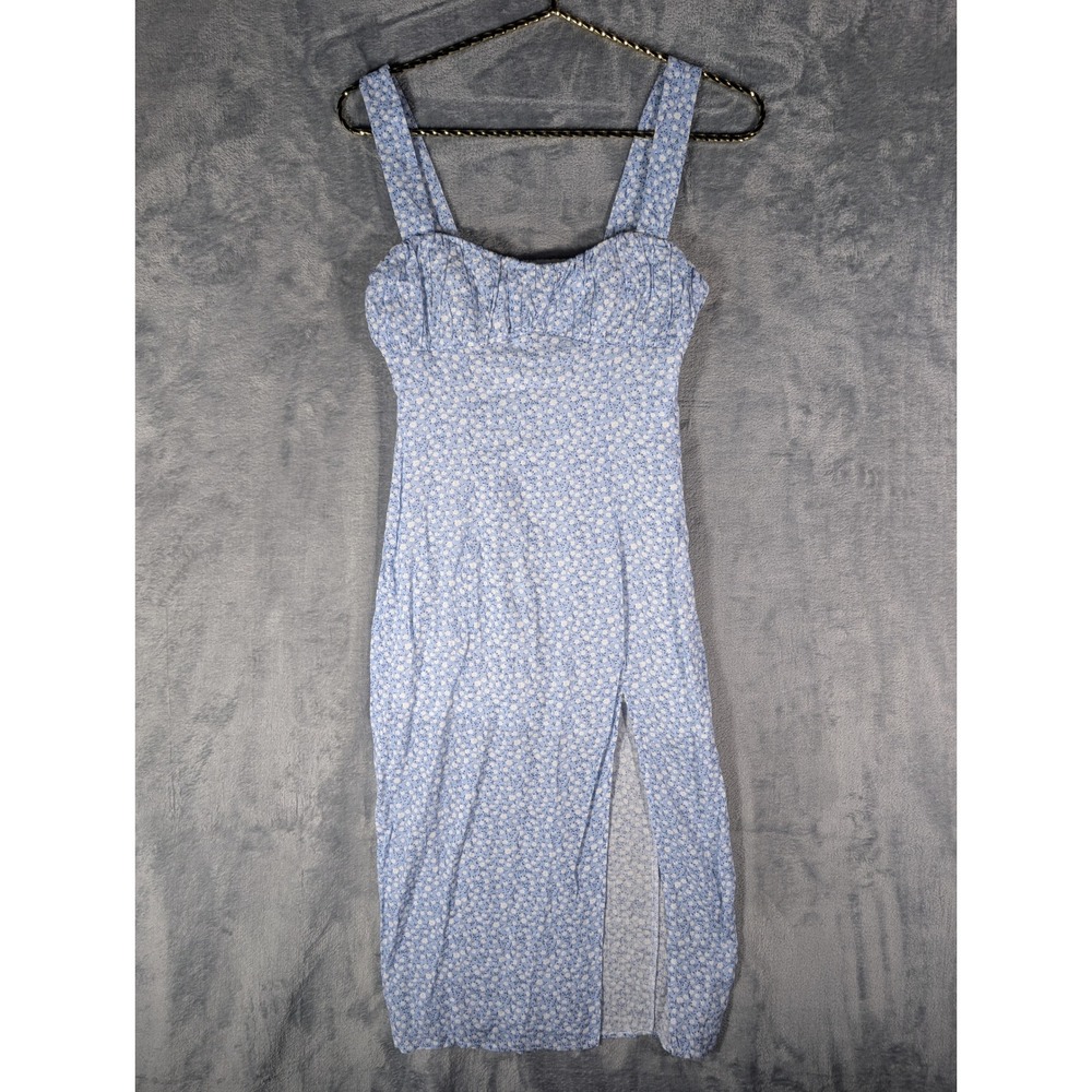 Polly Womens Light Blue Floral Ruched Bust Midi Dress Front Slit Size US Zero